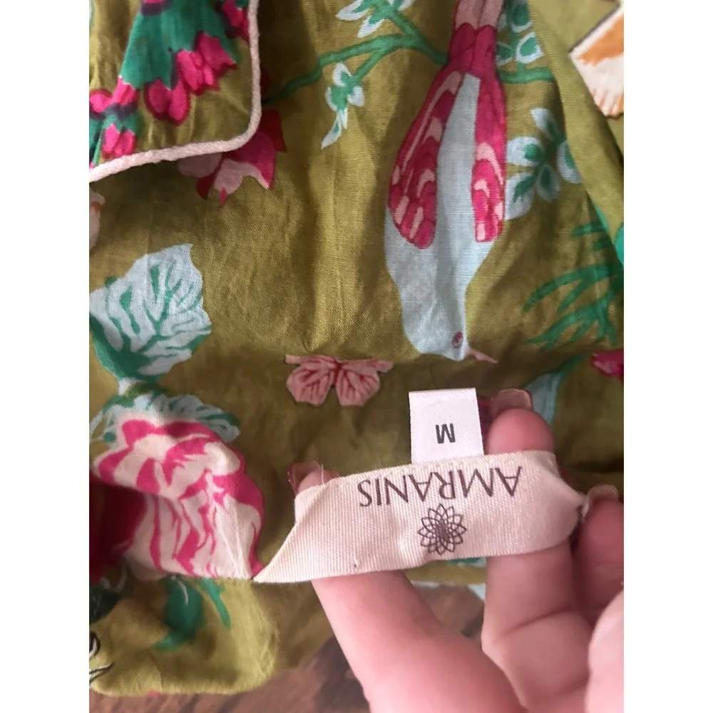 Amranis Pajama Set Green Floral Bird Deer Print Cotton Short Sleeve Sleepwear M